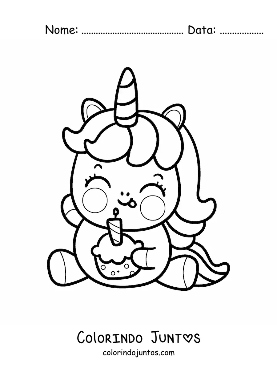 Desenho para colorir de unicórnio fofo animado com um cupcake de aniversário