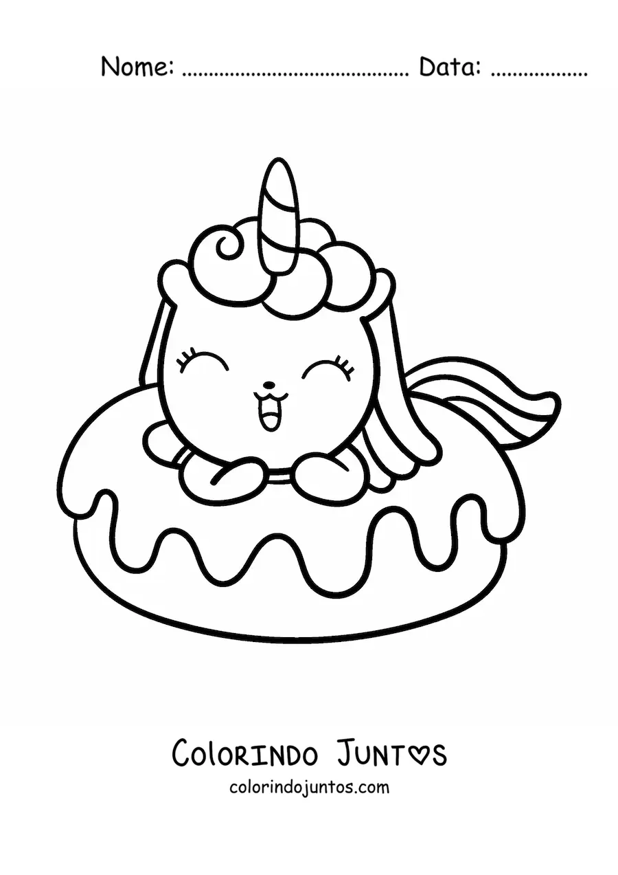 Desenho para colorir de unicórnio fofo animado dentro de uma rosquinha gigante
