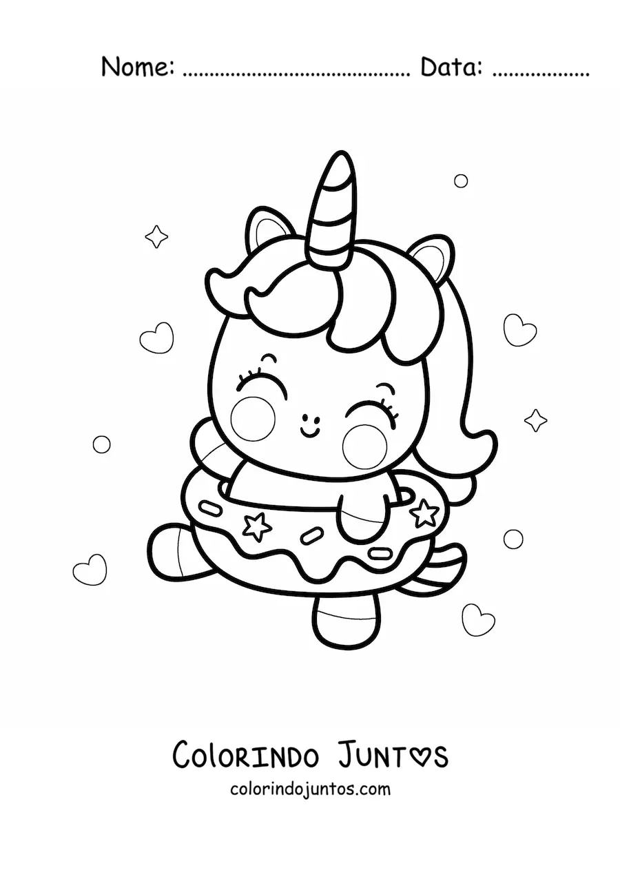 Desenho para colorir de unicórnio fofo animado dentro de uma rosquinha