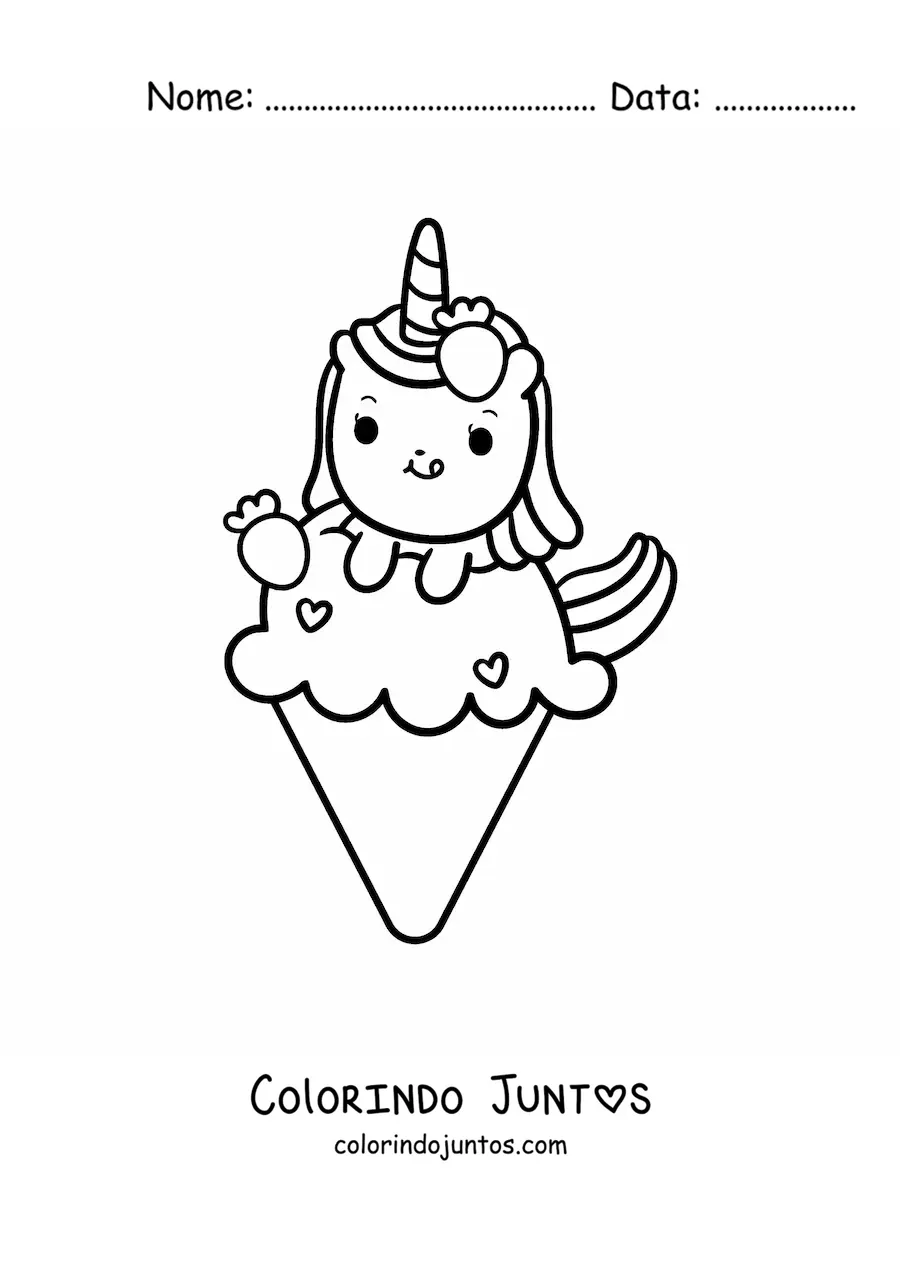 Desenho para colorir de unicórnio fofo animado sobre um sorvete gigante