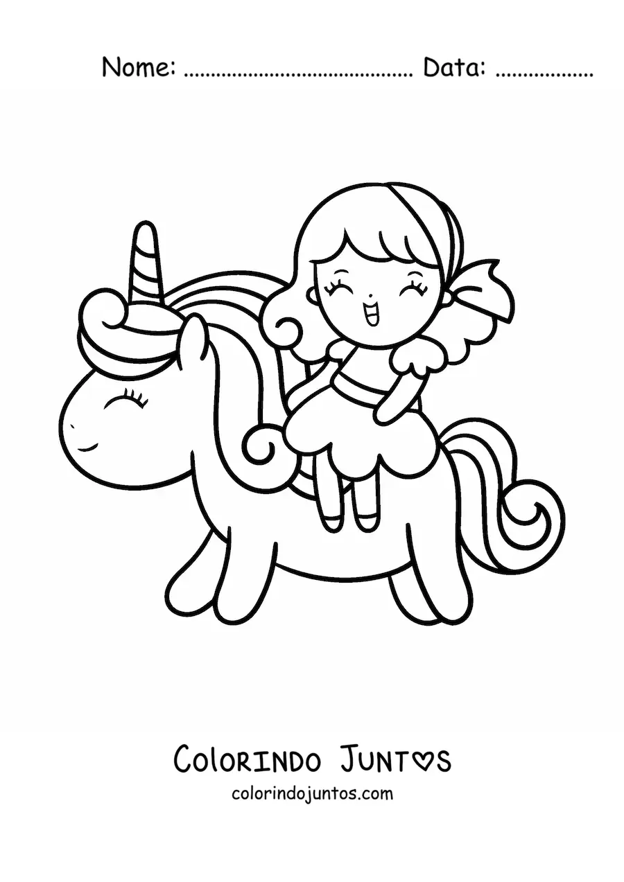 Desenho para colorir de menina kawaii montando um unicórnio fofo animado