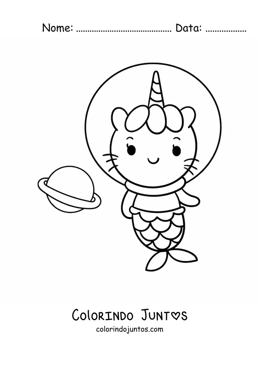 Desenho para colorir de gaticórnio sereia astronauta