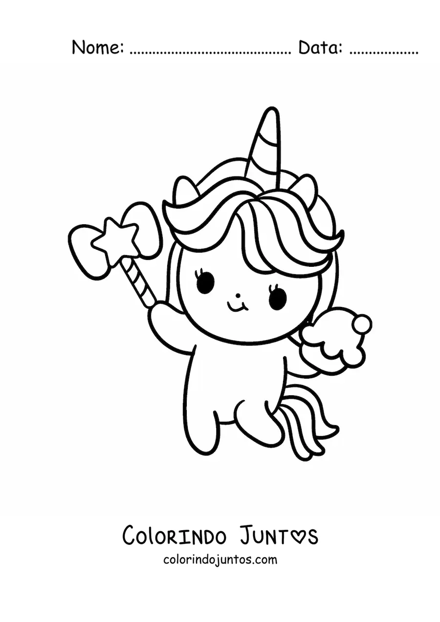 Desenho para colorir de unicórnio fofo animado com um cupcake e uma varinha