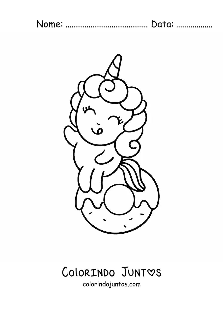 Desenho para colorir de unicórnio fofo animado em uma rosquinha grande