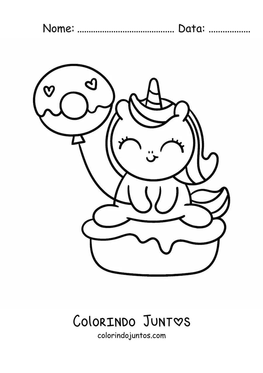 Desenho para colorir de unicórnio fofo animado sobre um bolo com um balão de rosquinha