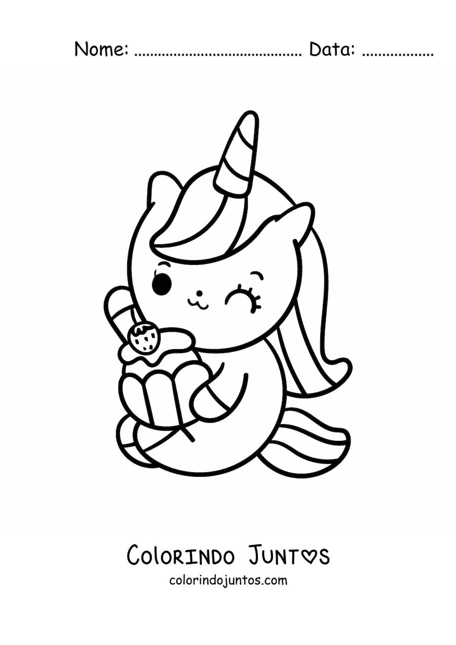 Desenho para colorir de unicórnio fofo animado sentado comendo um cupcake