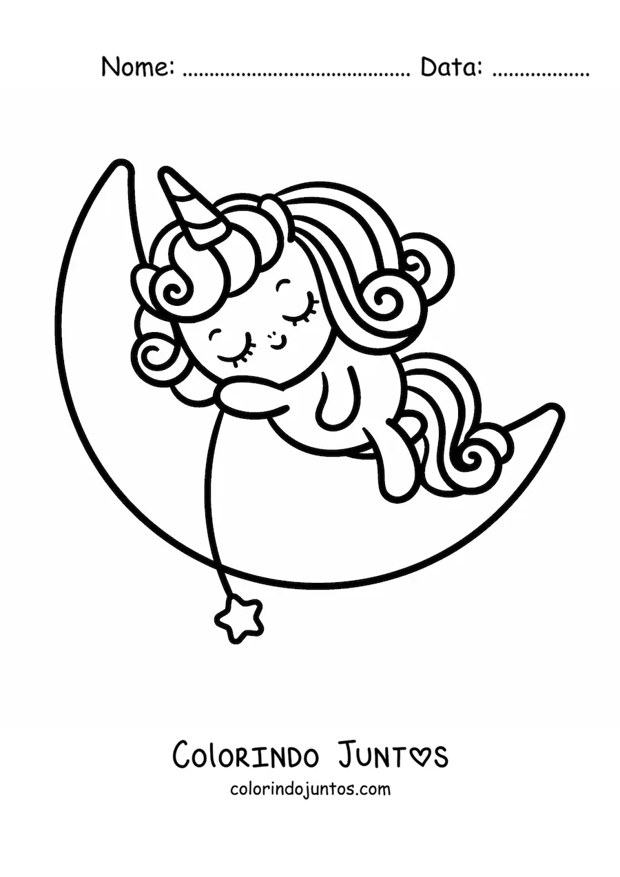 Desenho para colorir de unicórnio fofo animado dormindo na lua