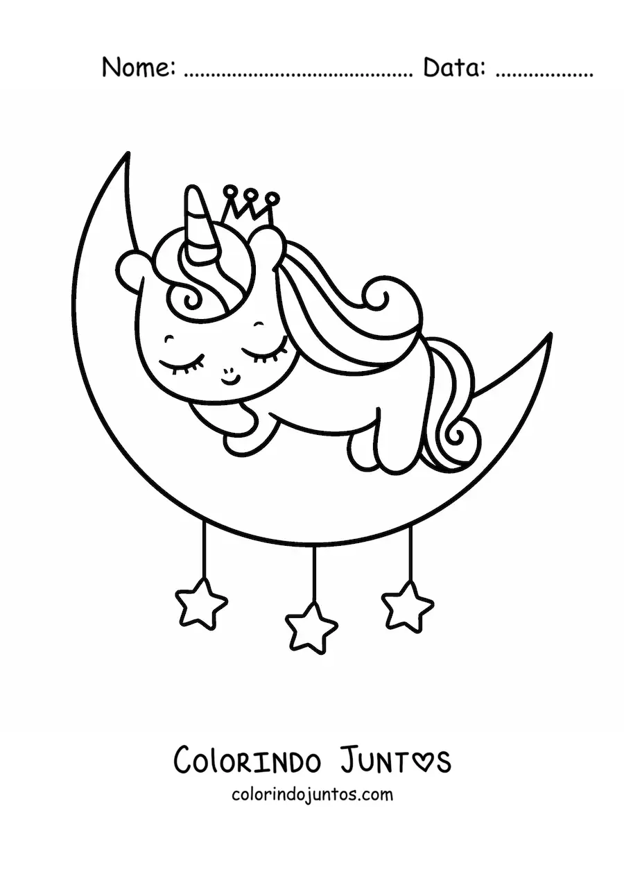 Desenho para colorir de unicórnio kawaii bebê dormindo na lua
