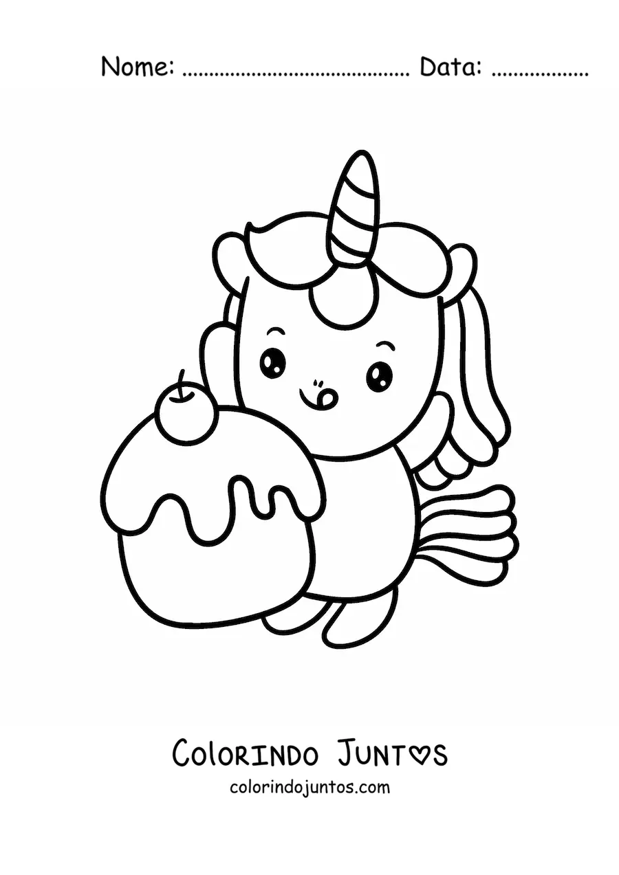 Desenho para colorir de unicórnio kawaii fácil com um cupcake grande