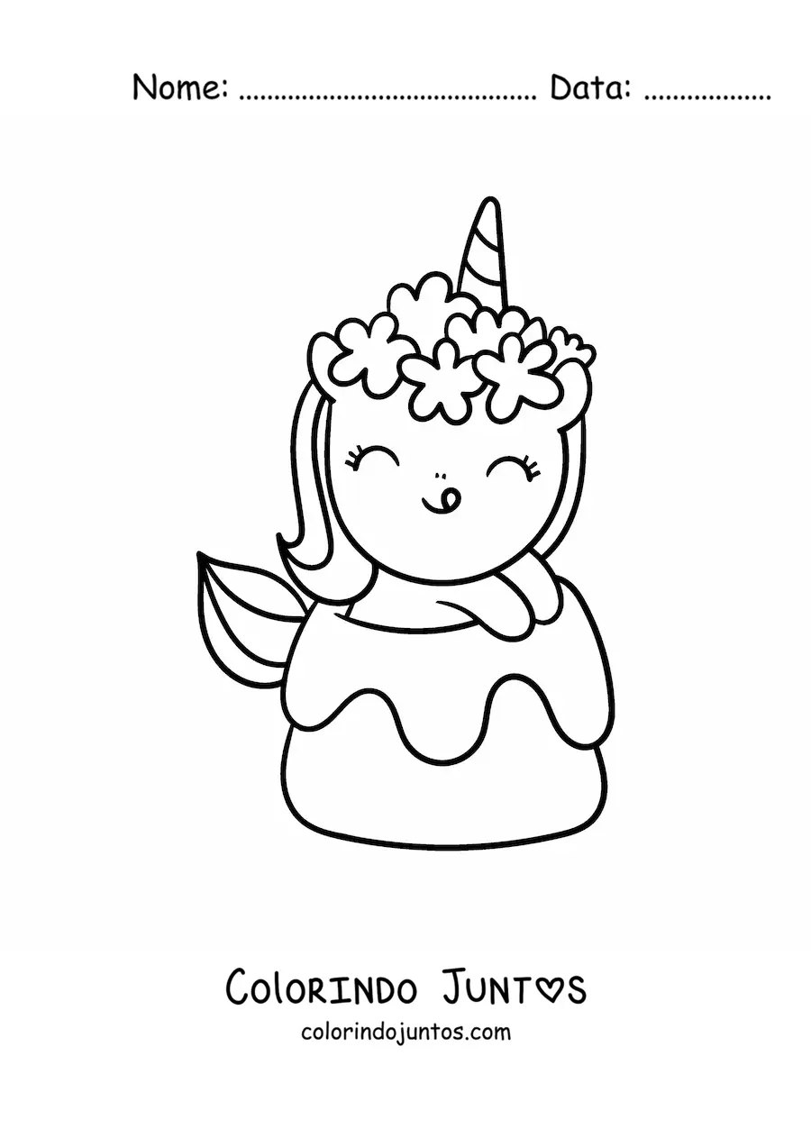 Desenho para colorir de unicórnio kawaii fácil com um doce gigante