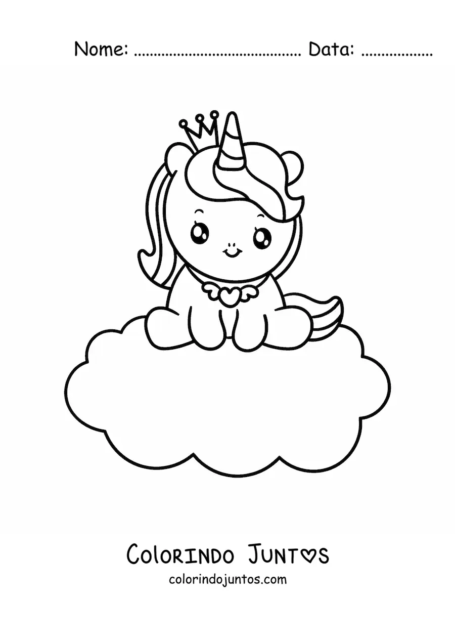 Desenho para colorir de princesa unicórnio em uma nuvem