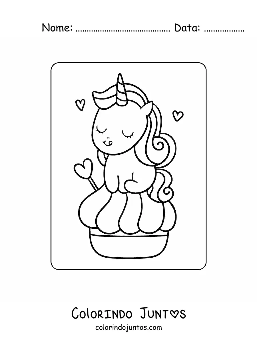 Desenho para colorir de unicórnio kawaii com um doce gigante