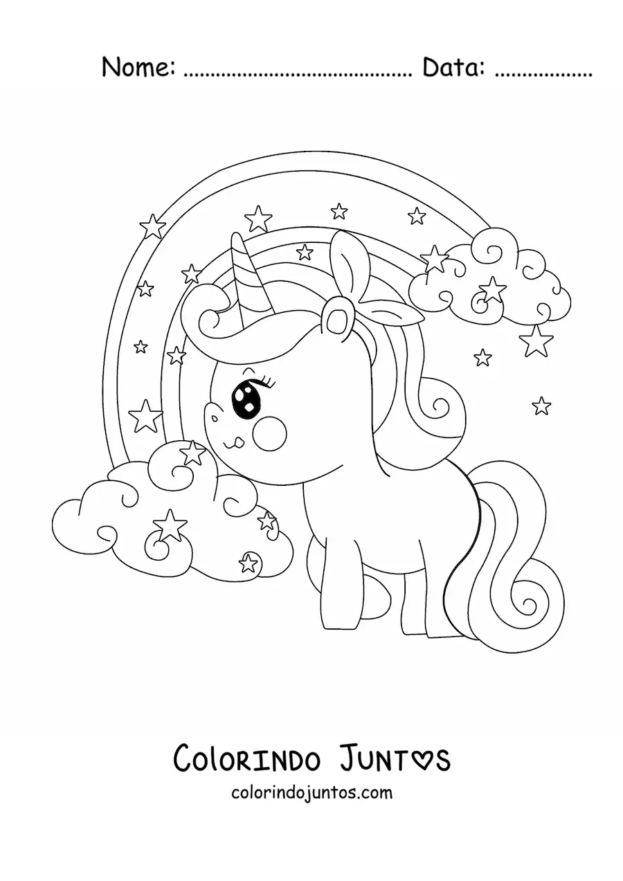 Desenho para colorir de unicórnio kawaii com olhos grandes ao lado de um arco-íris