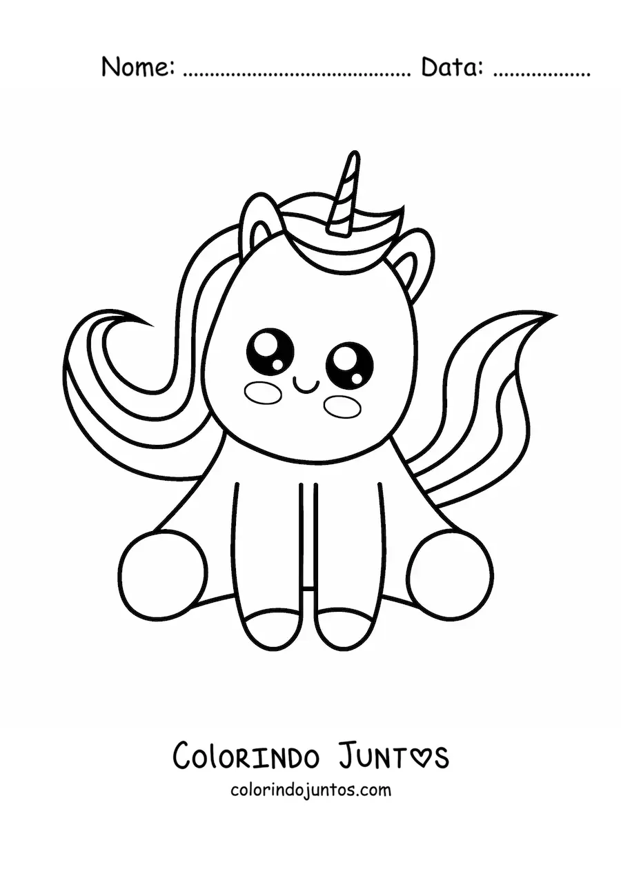 Desenho para colorir de unicórnio kawaii fácil sentado