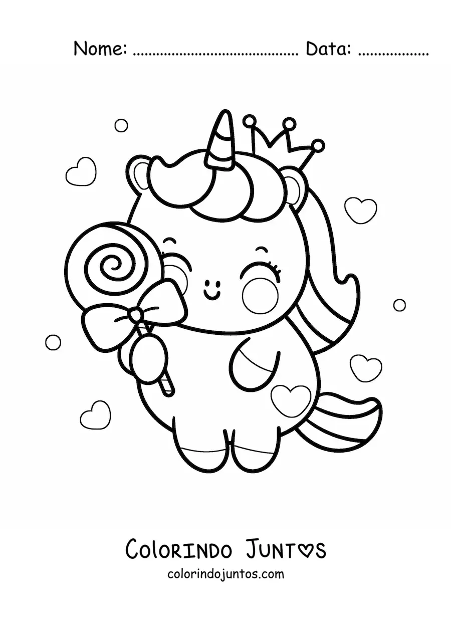 Desenho para colorir de unicórnio kawaii com um doce e corações