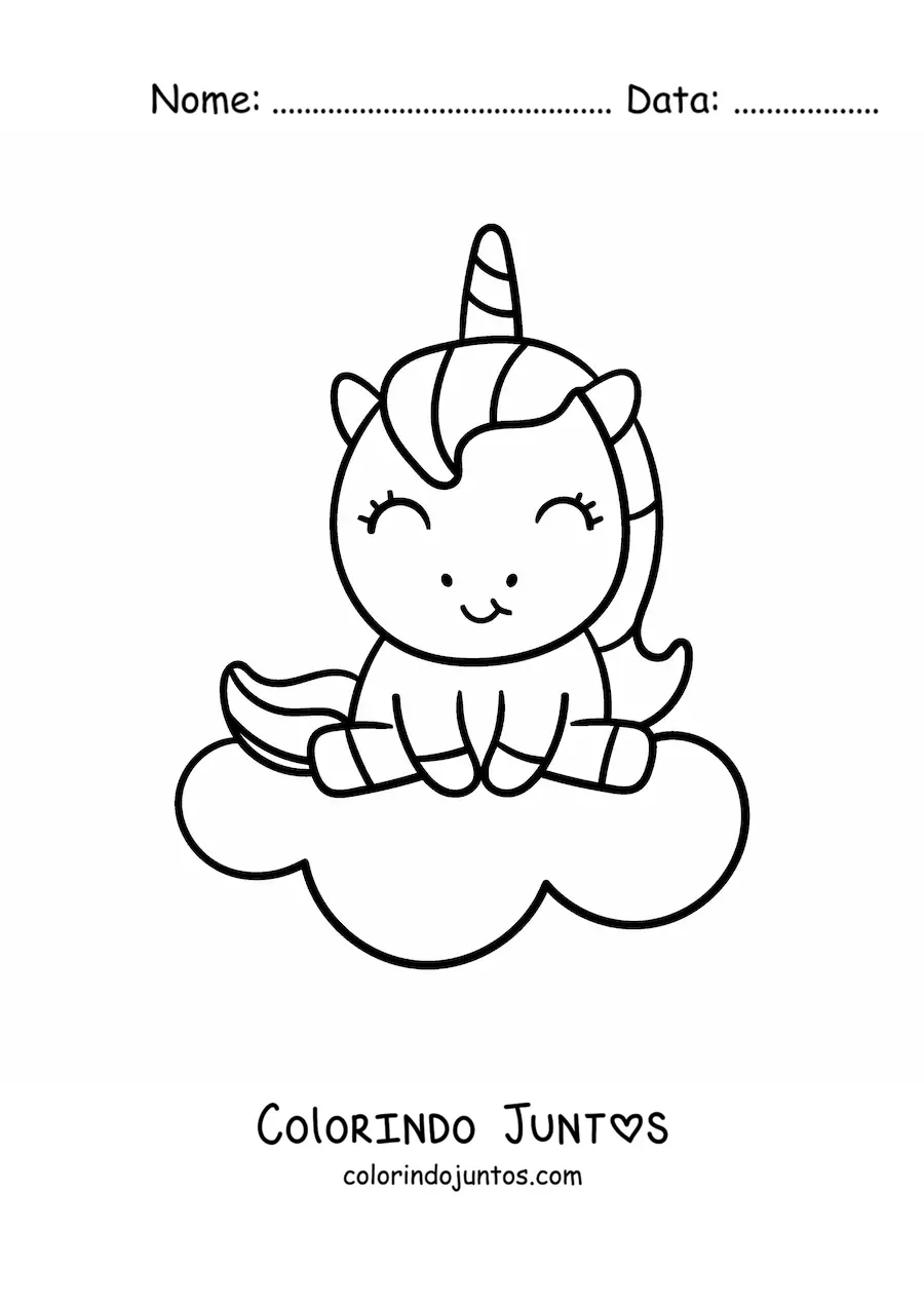 Desenho para colorir de unicórnio kawaii sentado em uma nuvem