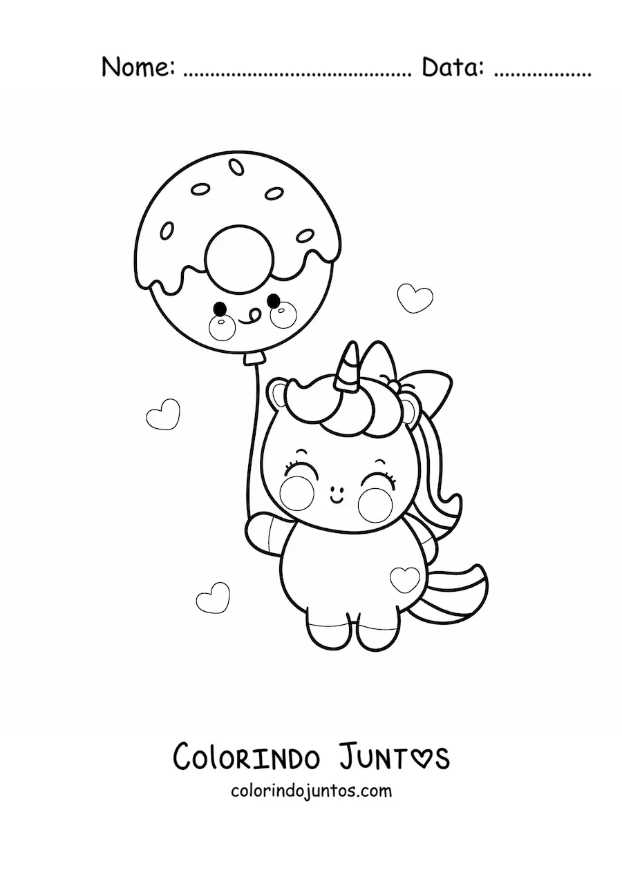 Desenho para colorir de unicórnio kawaii com um balão de rosquinha