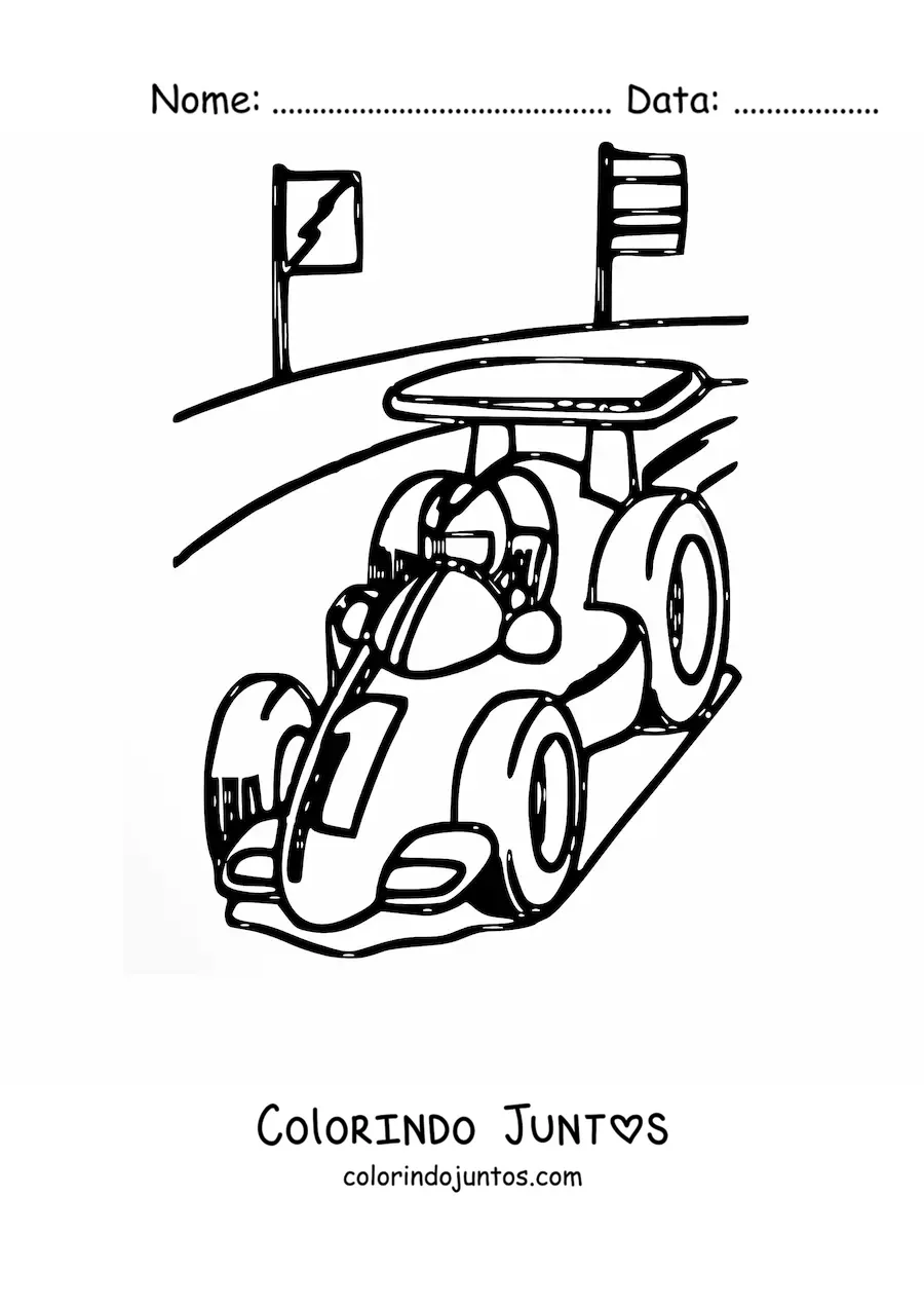 Desenho para colorir de um carro de Fórmula 1 na pista de corrida