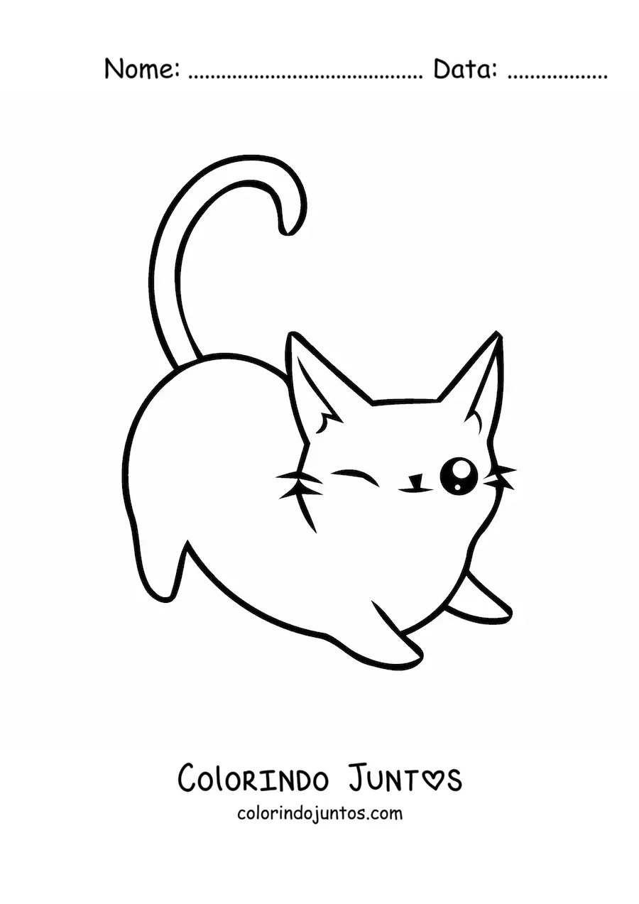 Desenho para colorir de gato kawaii se espreguiçando