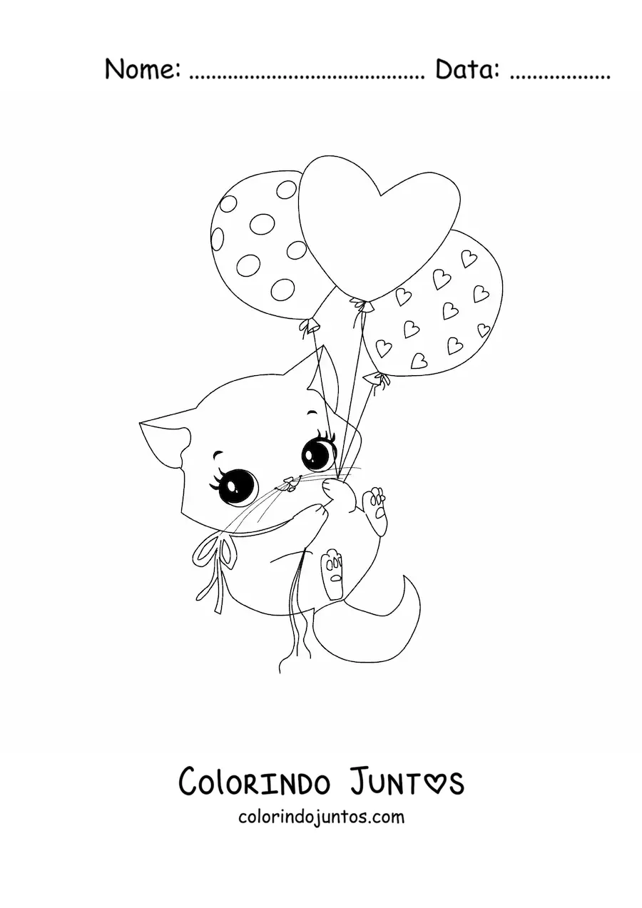 Desenho para colorir de gato kawaii com balões de coração