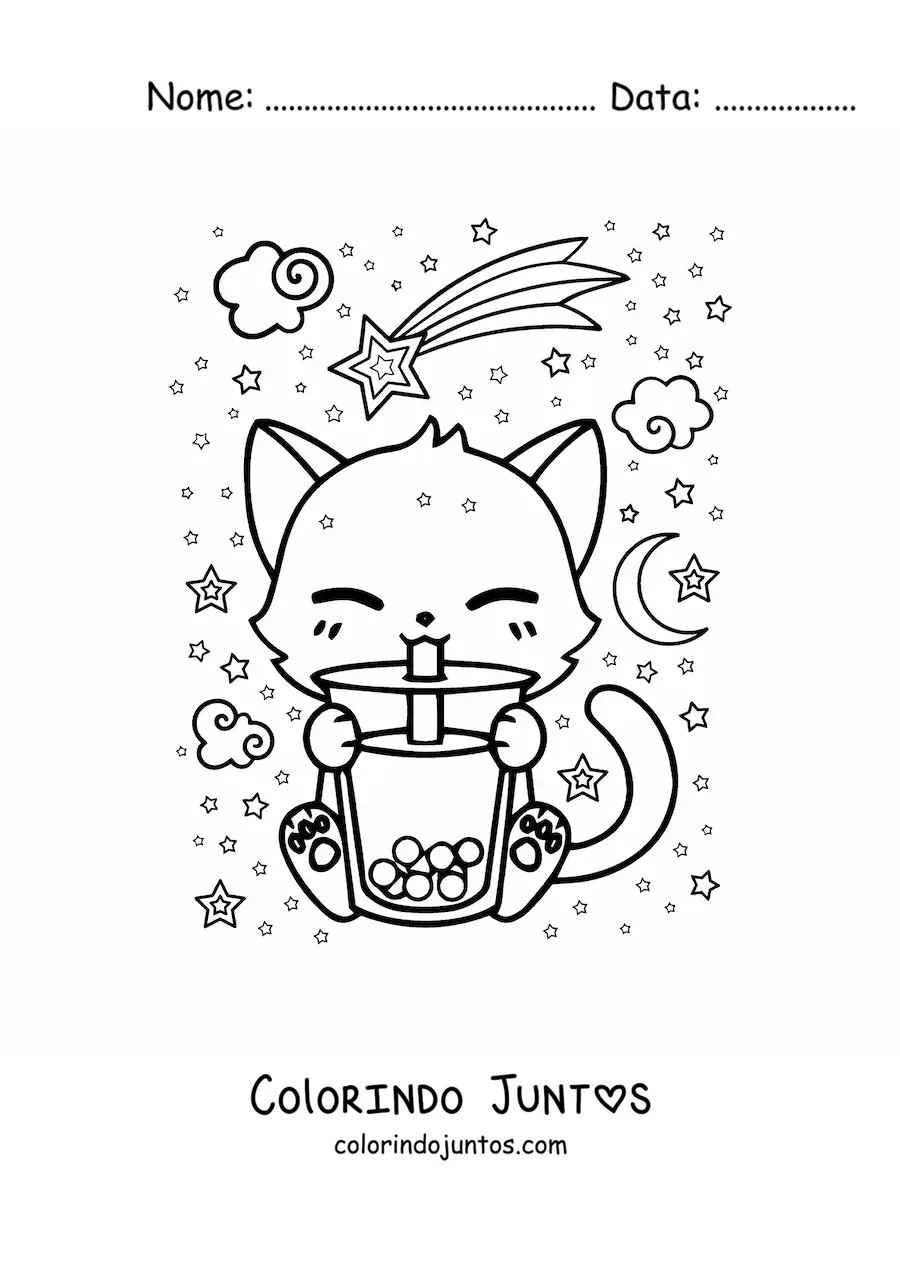 Desenho para colorir de gato kawaii tomando chá de boba