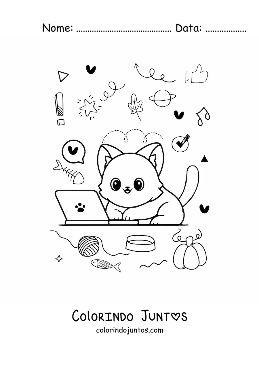 Desenho para colorir de gato kawaii em um laptop