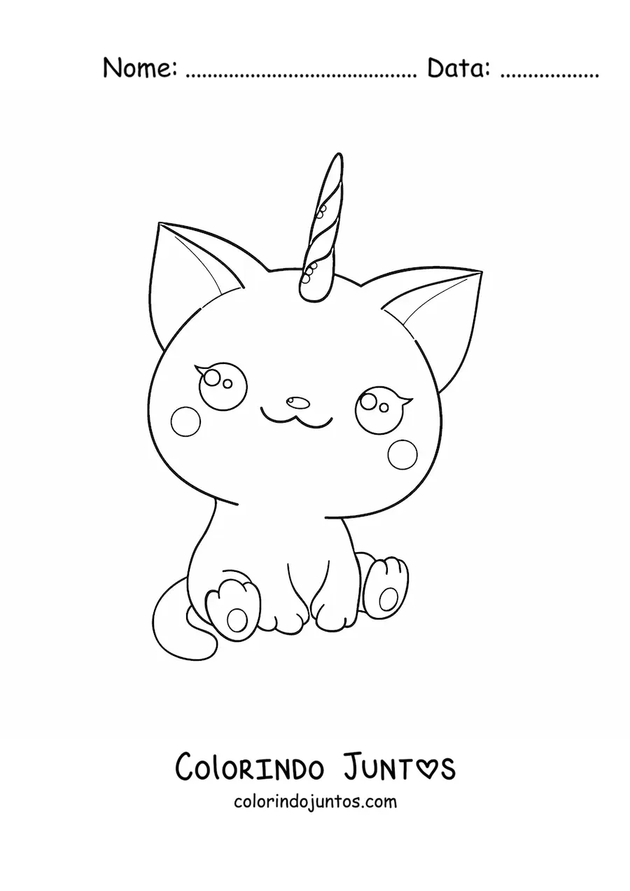 Desenho para colorir de gaticórnio kawaii sentado