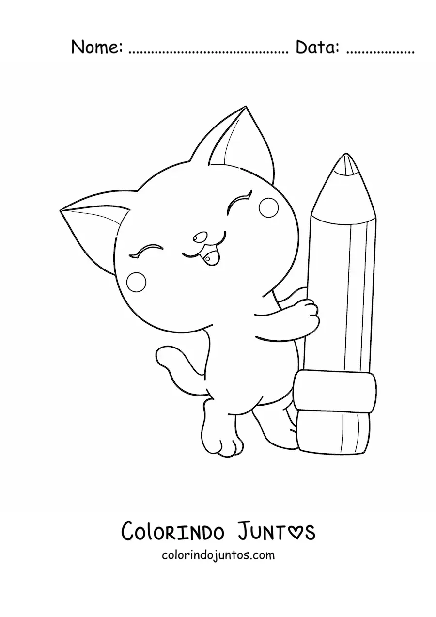 Desenho para colorir de gato kawaii com um lápis escolar