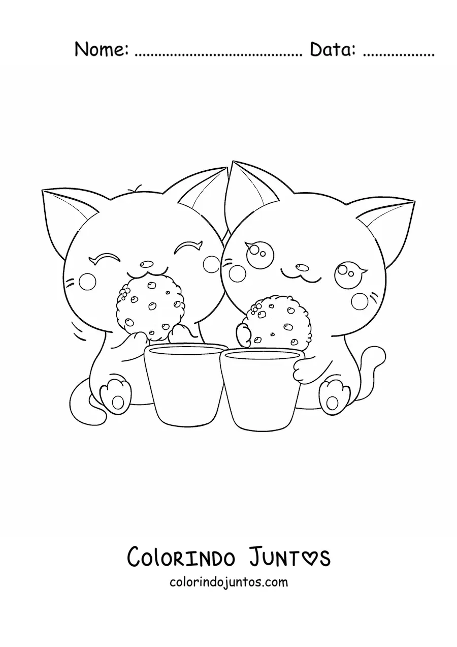 Desenho para colorir de casal de gatos kawaii comendo biscoitos com leite