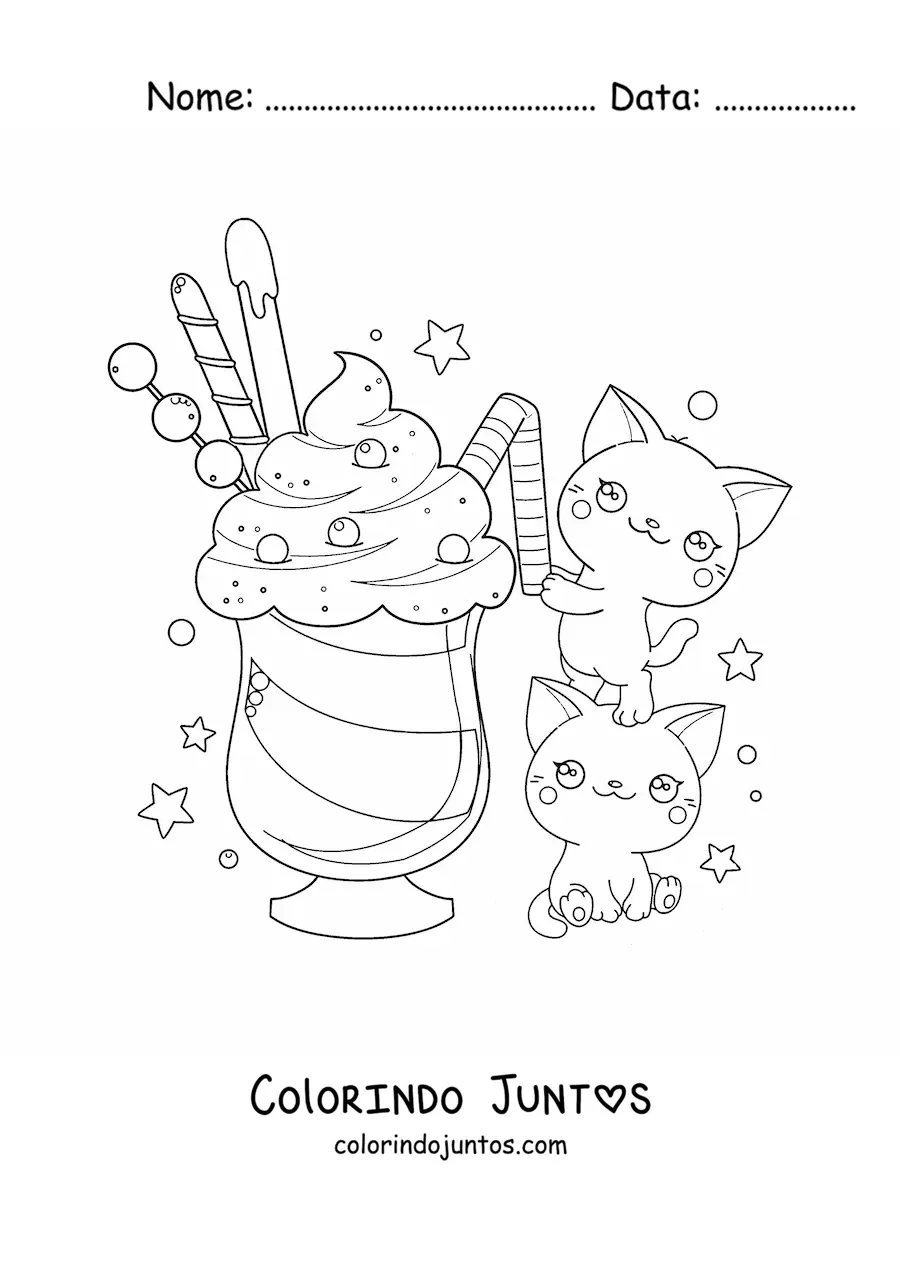 Desenho para colorir de casal de gatos kawaii tomando um sorvete