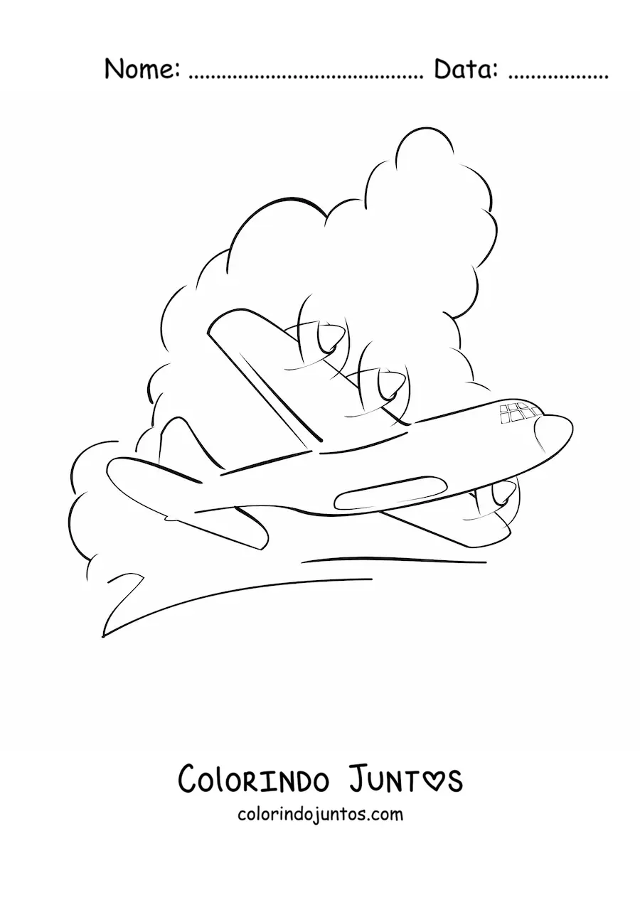 Desenho para colorir de um avião voando com nuvens ao fundo