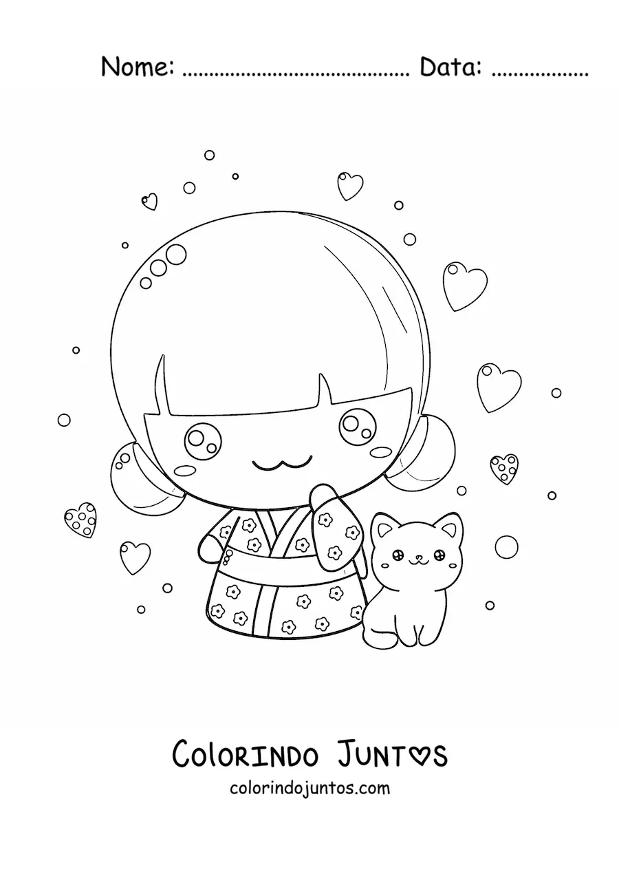 Desenho para colorir de menina japonesa chibi com um gato kawaii
