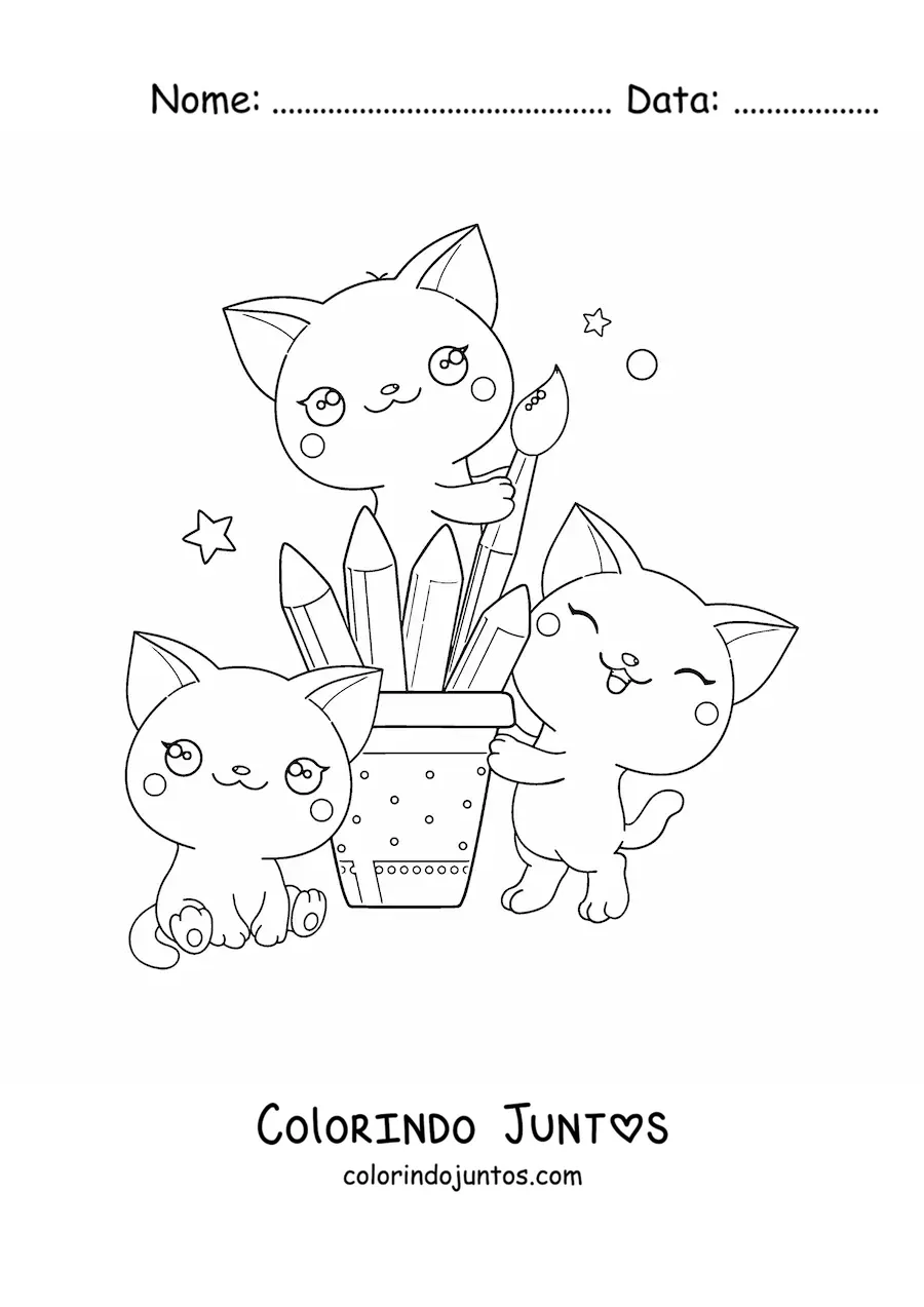Desenho para colorir de gatos kawaii com pincéis e materiais de desenho