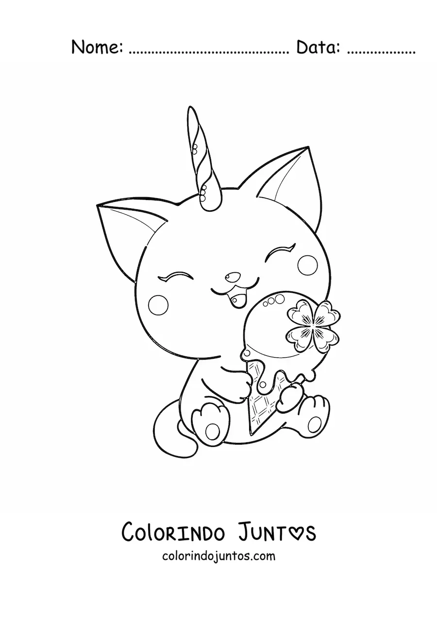 Desenho para colorir de gaticórnio kawaii sentado comendo um sorvete