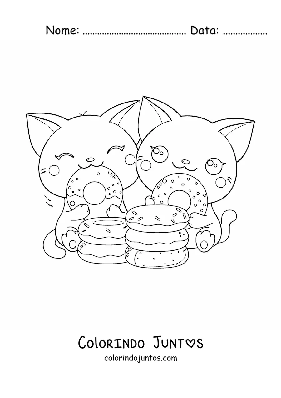 Desenho para colorir de casal de gatos kawaii comendo rosquinhas