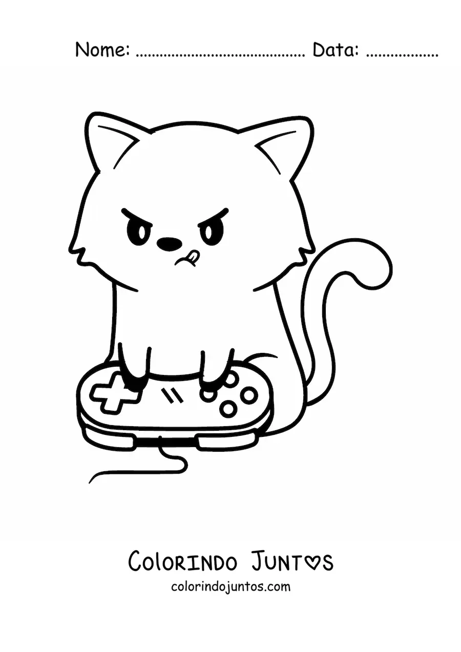Desenho para colorir de gato kawaii animado jogando videogame