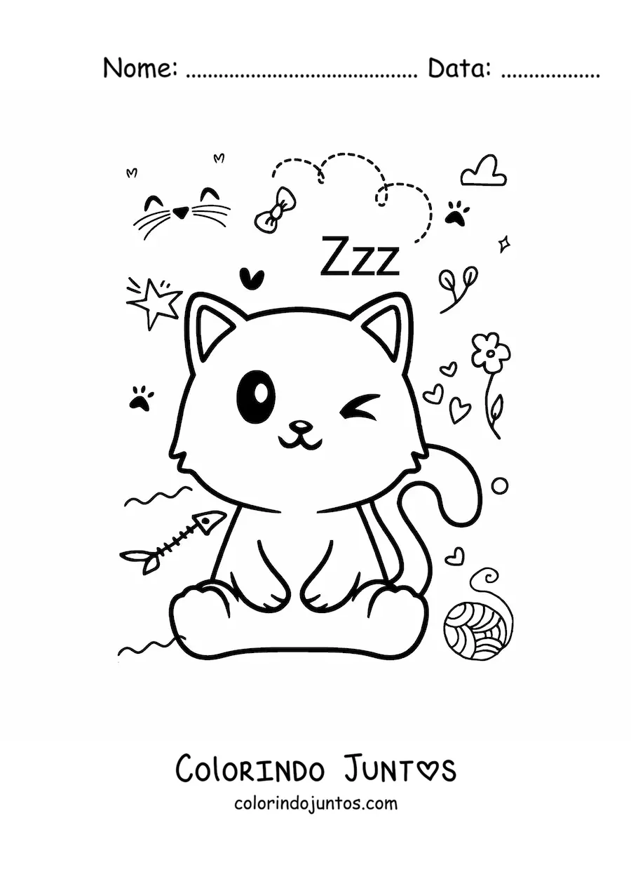 Desenho para colorir de gato kawaii animado sentado com um novelo de lã