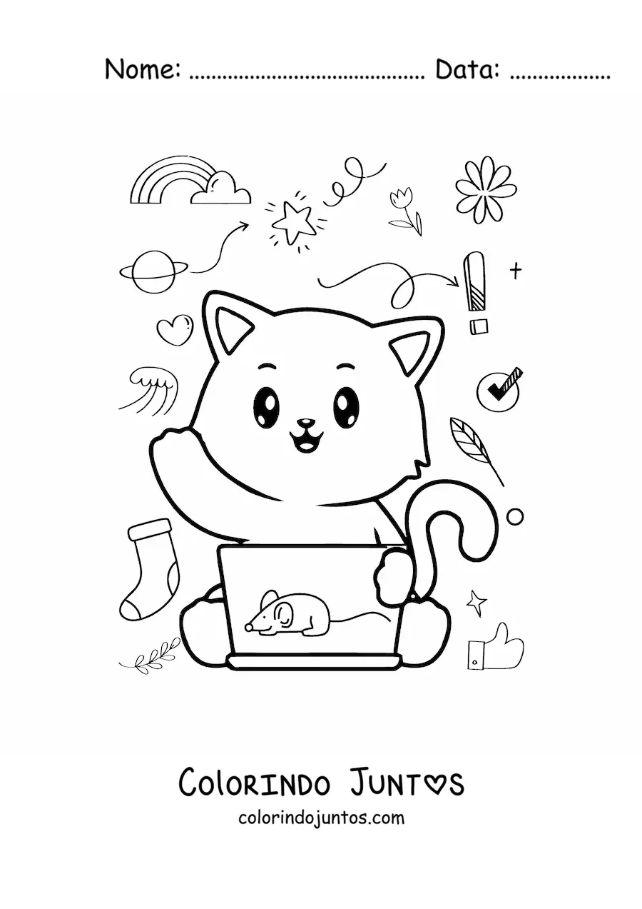 Desenho para colorir de gato kawaii animado usando o computador