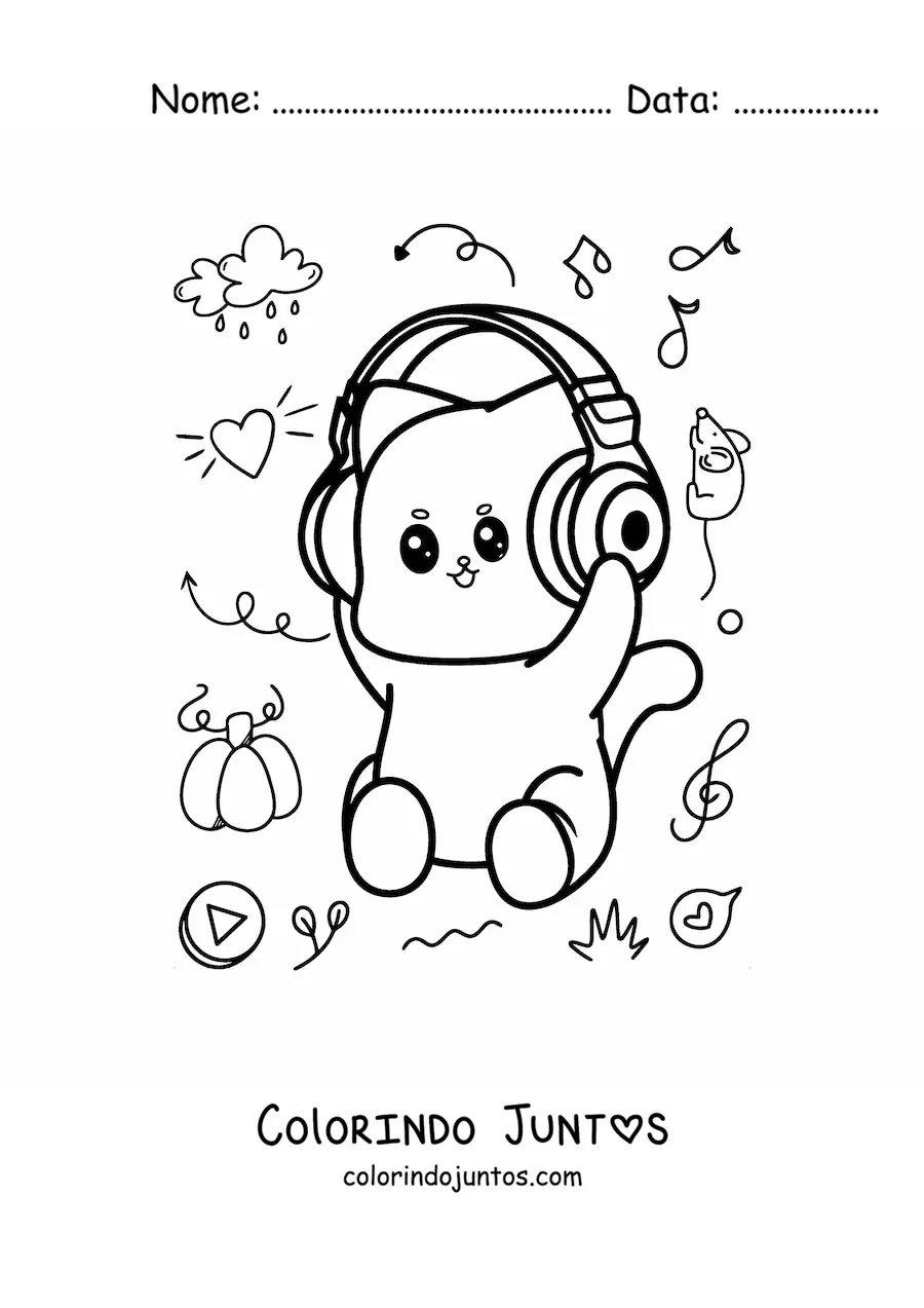 Desenho para colorir de gato kawaii animado ouvindo música com fones de ouvido