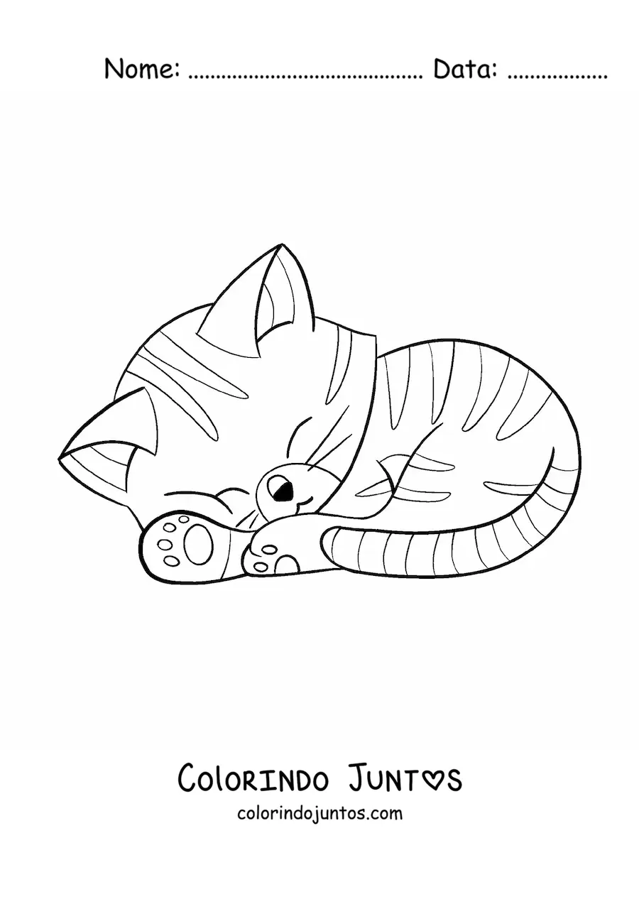 Desenho para colorir de gato kawaii animado listrado dormindo