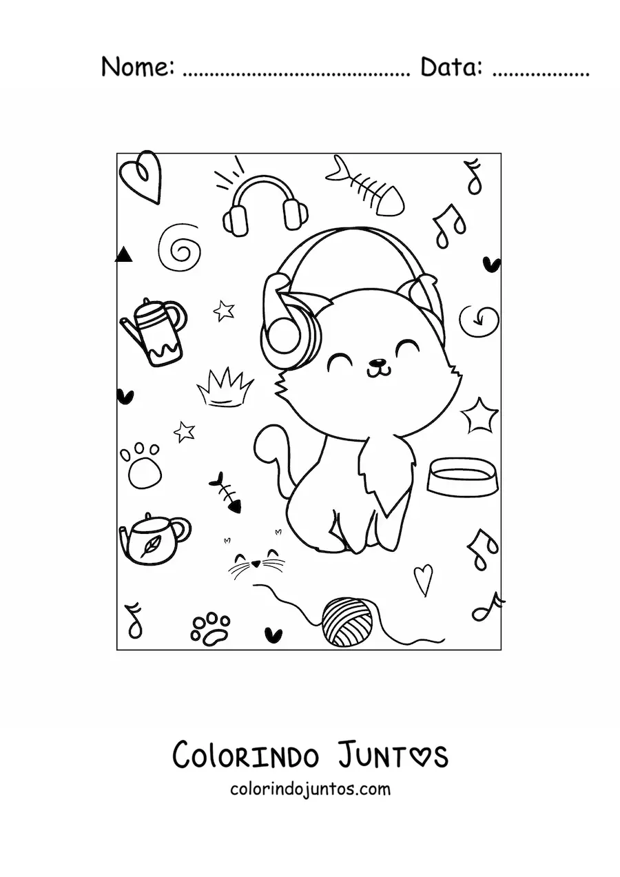 Desenho para colorir de gato kawaii animado sentado com fones de ouvido