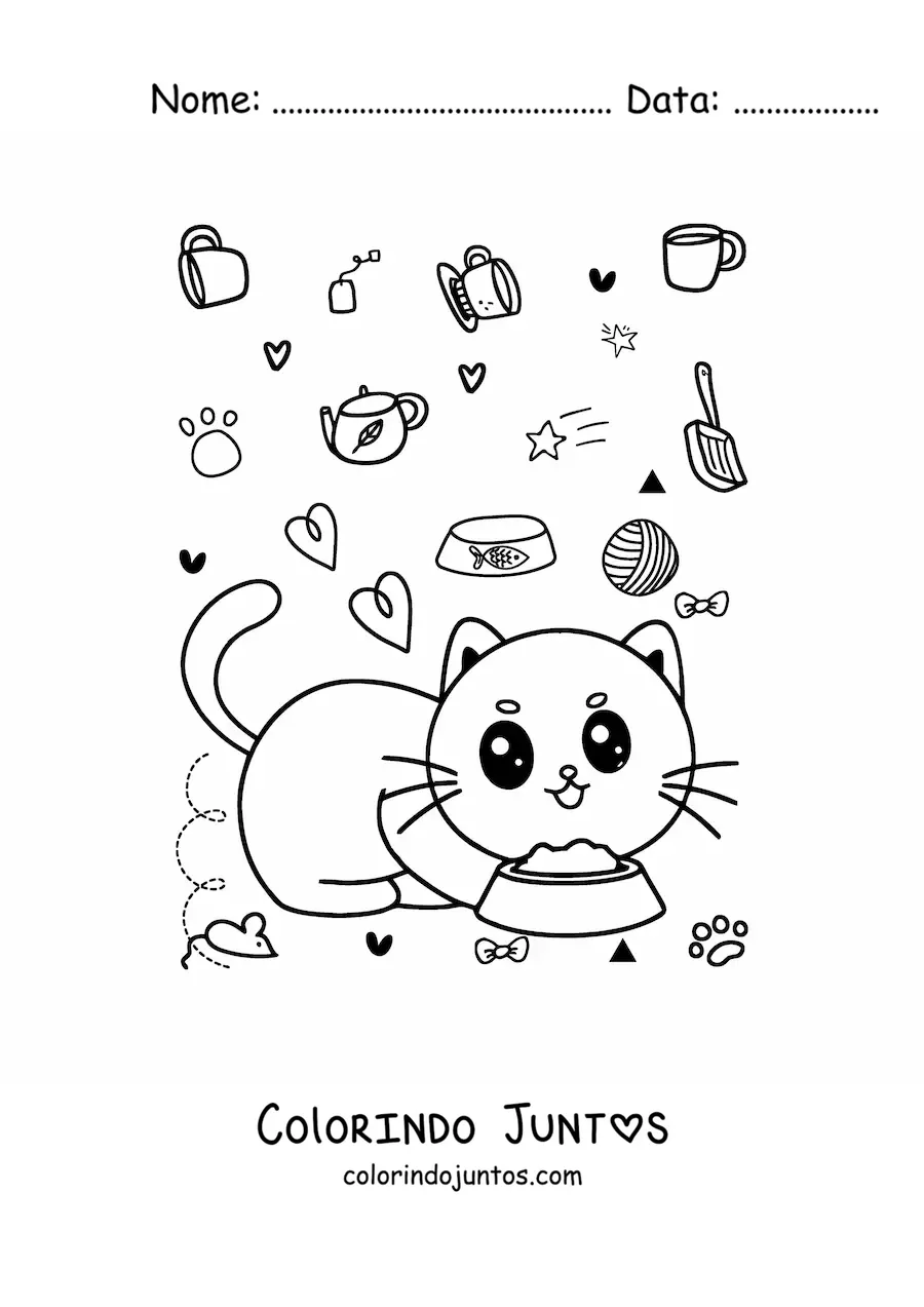 Desenho para colorir de gato kawaii animado comendo do seu prato