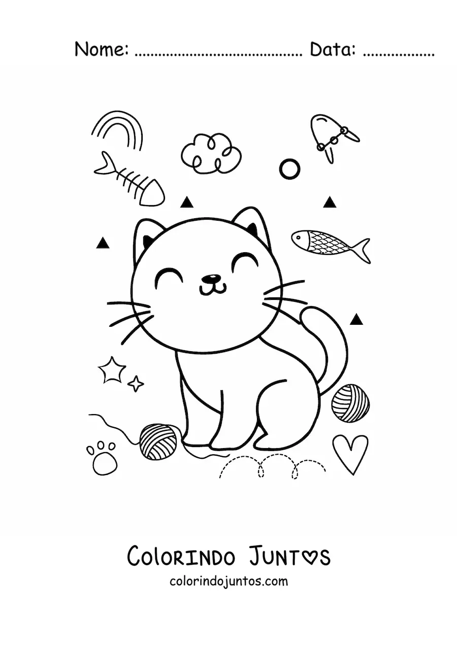 Desenho para colorir de gato kawaii animado feliz