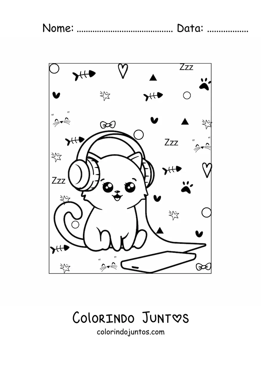 Desenho para colorir de gato kawaii animado ouvindo música no celular