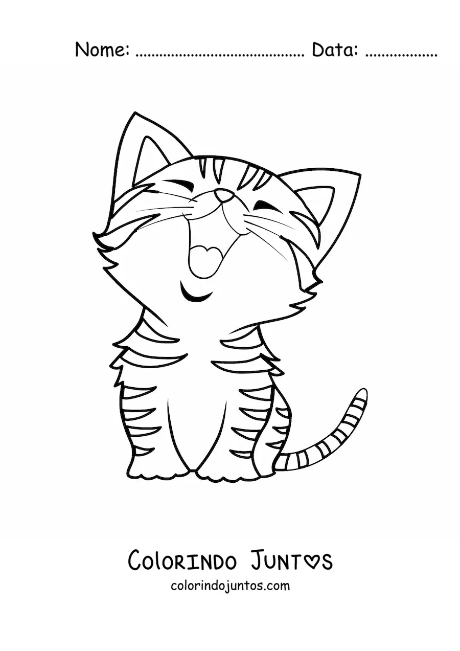 Desenho para colorir de gatinho kawaii listrado bocejando