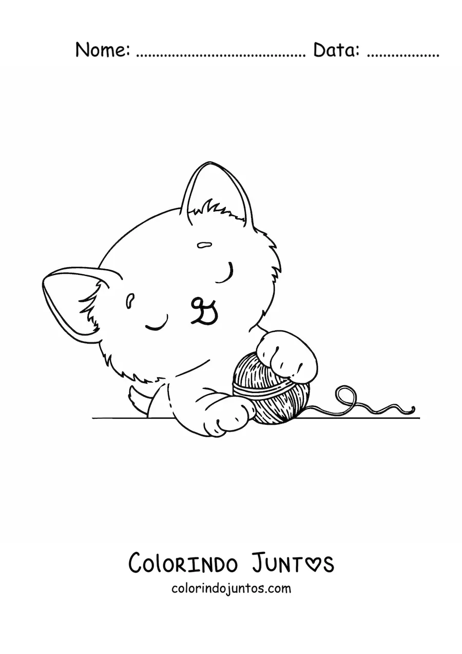 Desenho para colorir de gatinho kawaii brincando com lã