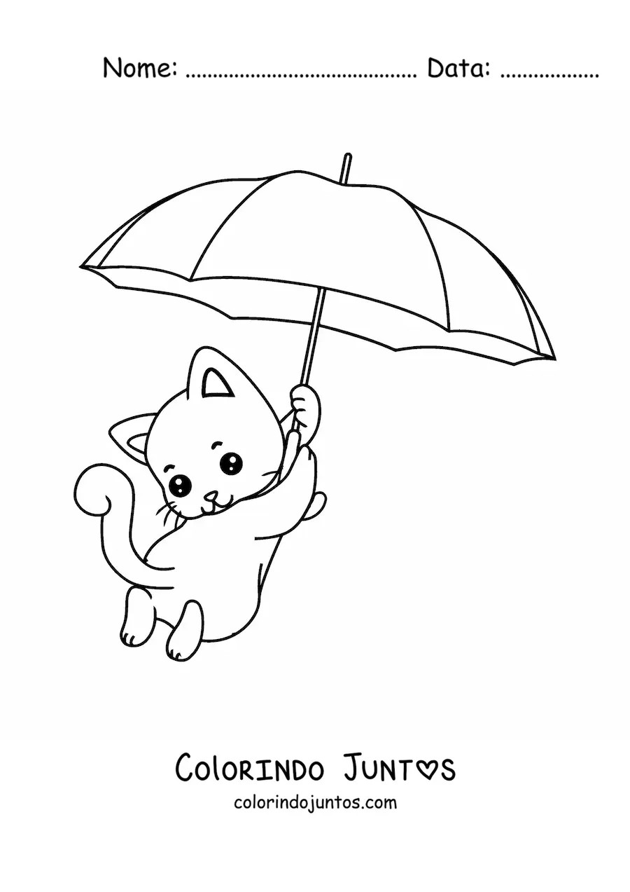Desenho para colorir de gatinho kawaii flutuando com um guarda-chuva