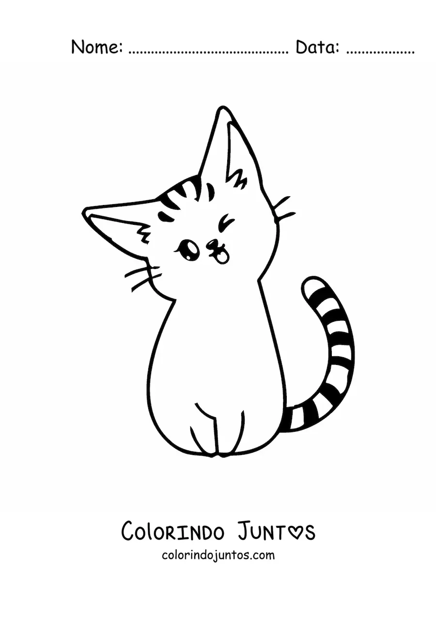 Desenho para colorir de gatinho kawaii listrado sentado