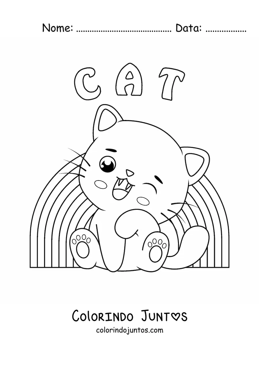 Desenho para colorir de gatinho kawaii com arco-íris