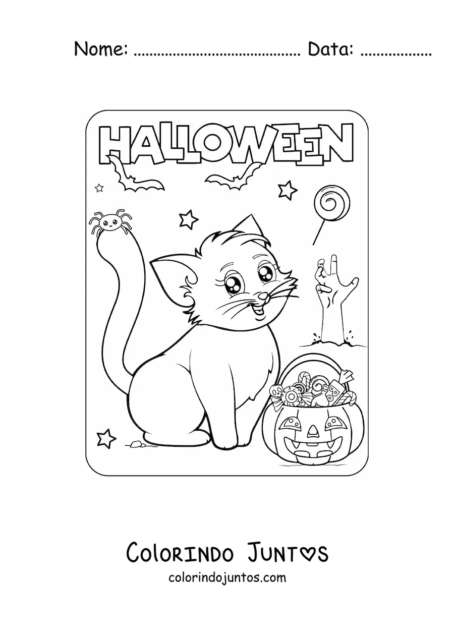 Desenho para colorir de gatinho kawaii no Halloween com abóbora